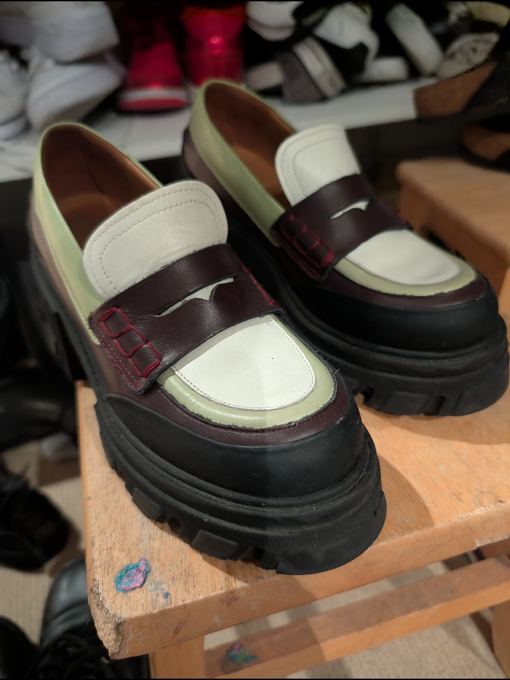 Ganni Triple-Color Chunky Penny Loafers — White, Burgundy & Lime - Picture 7 of 9